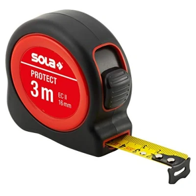 Abbildung von SOLA PROTECT Bandmaß 3m / 16mm robustes Rollbandmaß mit Gürtelclip Stahlband, gelb lackiert mm Skala Genauigkeitsklasse II Rollmeter beweglichem Endhaken Länge 3m, 5m, 8m