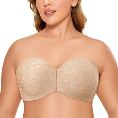 Abbildung von DELIMIRA Damen Trägerloser BH Jacquard mit Bügel ohne Einlagen Große Größen Cashew 85B