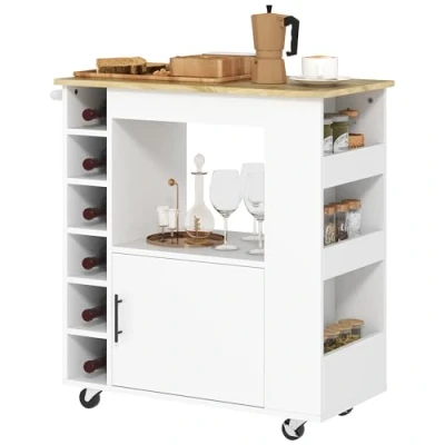 Abbildung von HOMCOM Küchenwagen Servierwagen mit Arbeitsplatte, Ablagen, Weinregalen, Küchenschrank Rollwagen Soft Close Scharnieren, Griff, Kücheninsel für Büro, 83x40x83cm, Eiche