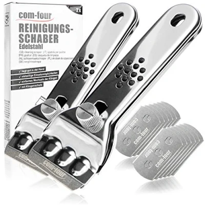Abbildung von com four® 2x Ceranfeldschaber mit 12 Ersatzklingen Schaber aus rostfreiem Edelstahl für Kochfeld und Backofen Zeranfeldkratzer Griff Klingenschutz Kochfeldschaber (02 Stück + Klingen)