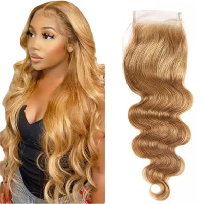 Abbildung von Tuheerst Lace Closure Human Hair Body Wave 4x4 Blonde Bresilienne Cheveux Humain #27 Bleached Knots with Baby for Woman 20 Inch