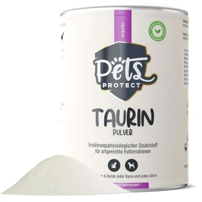 Abbildung von Pets Protect 100% reines TAURIN Pulver für Katzen &amp; Hunde 150 g Gesunderhaltung Netzhaut Organfunktion Immunsystem Stoffwechsel Stärkung von Herzkreislaufsystem Deutsche Herstellung