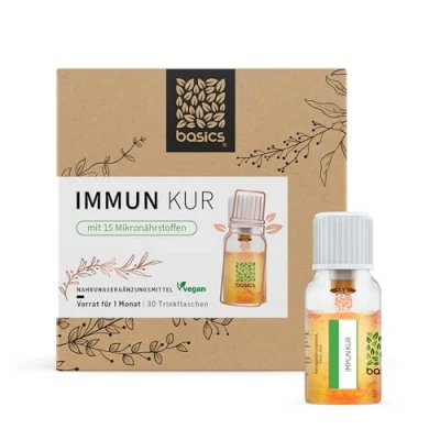 Abbildung von basics IMMUN KUR Monatskur, 30 x 10ml Fläschchen Immunsystem stärken 15x Vitamin Komplex hochdosiert, Vegan mit Mineralstoffen unterstützt und Energiestoffwechsel