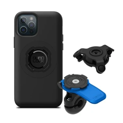 Abbildung von Quad Lock Motorrad Spiegel Handyhalterungs Set mit Vibrationsdämpfer und iPhone 12/12 Pro MAG Hülle