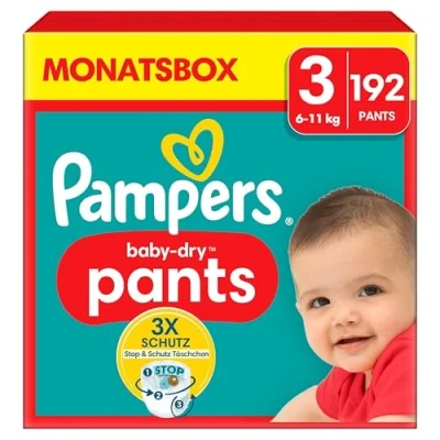 Abbildung von Pampers Windeln Pants Größe 3 Baby Dry, 192 Windeln, 6kg 11kg, 360 Fit hilft, Auslaufen zu verhindern