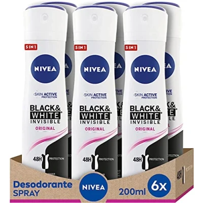 Abbildung von NIVEA Black &amp; White Invisible Original Spray im 6er Pack (6 x 200 ml) Deodorant Flecken Damenpflege Unsichtbares zum Schutz von Haut und Kleidung