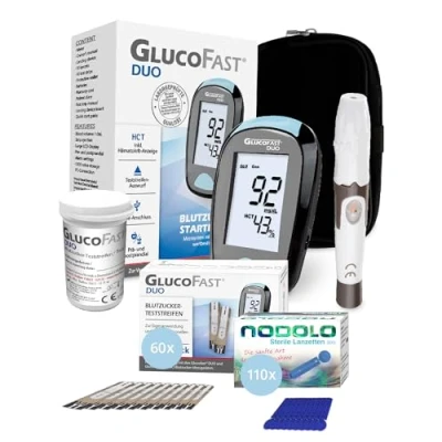 Abbildung von GLUCOFAST Blutzuckermessgerät DUO in MG, komplettset, Ink. 60 Blutzucker Teststreifen, 110 Lanzetten und 1 Lanzettiergerät