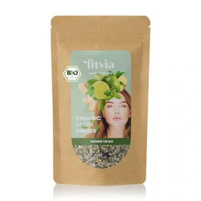 Abbildung von fitvia Bio Grüner Tee &quot;Organic Green Ginger&quot;: loser Tee, biologischer Ingwer Grüntee echte Fruchtstücke, ohne Zuckerzusatz, 100g