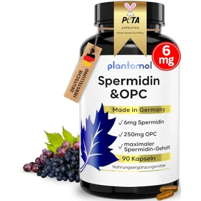 Abbildung von Spermidin Kapseln hochdosiert mit OPC Traubenkern Extrakt und 6mg einzigartige Kombination aus Spermidine &amp; 3 Monatsvorrat