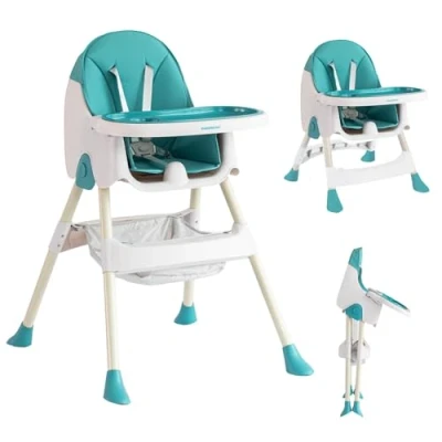 Abbildung von K IKIDO Hochstuhl Baby, Kinderhochstuhl, klappbarer und verstellbarer Babynahrungsstuhl, für 6 Monate bis 3 Jahre (15 kg), mit Brett Aufbewahrungstasche (Grün)