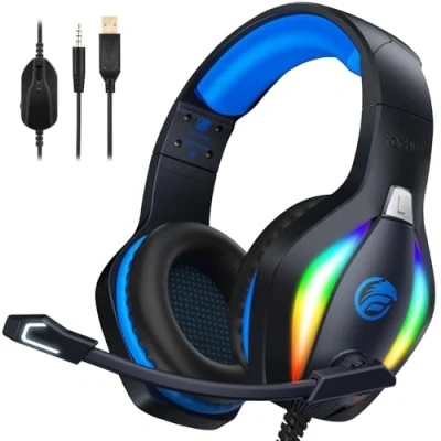 Abbildung von Fachixy 「2024 New」 FC100 Gaming Headset für PS4/PS5/PC/Xbox/Nintendo Switch, PS4 Kopfhörer mit Kabel und RGB Licht, Stereo Surround Mikrofon, Noise Cancelling Headphones BLAU