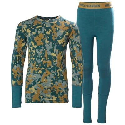 Abbildung von Helly Hansen Unisex Kids JR Graphic Lifa Merino Set Base Layer Bottom, 453 Dark Creek Splash CAMO AOP, 14 Years
