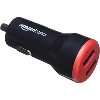 Abbildung von Amazon Basics 24W Two Port USB A Car Charger for Phones (iPhone 15/14/13/12/11/X, Samsung, and more), non PPS, Black/Red