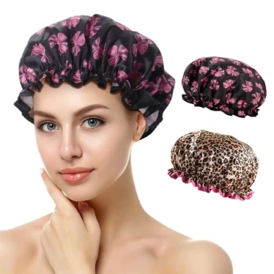 Abbildung von Duschhaube, 2 Stück Wasserdichte Duschhauben, Shower Cap, Duschhaube für Damen, Haarhaube Die Nacht, mit Elastischem Band, Wiederverwendbare Dusche Kappen Mädchen Frauen (B)