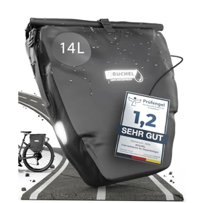 Abbildung von Büchel 14L Fahrradtaschen für Gepäckträger 100% Wasserdicht inkl. Schultergurt &amp; Tragegriff, Fahrradtasche mit Reflektoren Einrastfunktion Arbeit Freizeit Gepäckträgertasche Schwarz