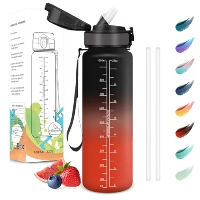 Abbildung von Motswedi Trinkflasche, 1L BPA Frei, Trinkflasche mit Strohhalm, Kohlensäure Geeignet,Trinkflasche Sport, Auslaufsicher, Wasserflasche, Sport für Yoga, Schule, Outdoors, Schwarz und Rot