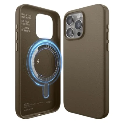Abbildung von elago Magnetische Lederhülle Kompatibel mit iPhone 15 Pro Max Hülle, MagSafe, Premium Veganes PU Leder, Integrierte Starke Magnete, Rundumschutz [5 Lagen Struktur] (Braun)