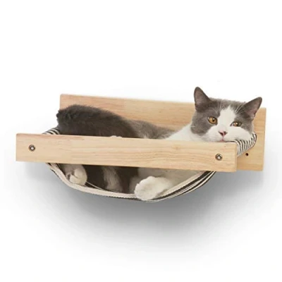 Abbildung von FUKUMARU Kletterwand Katzen, Großes Katzenregal zur Wandmontage, aus massivem Gummibaumholz, Katzenhängematte Wand zum Schlafen, Spielen und Faulenzen, Tragkraft bis 18 kg, Schwarz gestreift