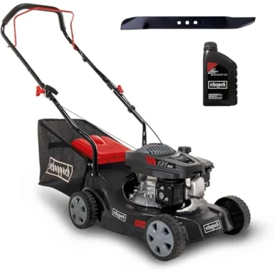 Abbildung von Scheppach Benzin Rasenmäher MP132 40 mit 40cm Schnittbreite Leistung 3,3PS / 2,4kW 3 fache Schnitthöhenverstellung 35 L Fangkorb geeignet bis 600 m² große Laufräder inkl. Ersatzmesser &amp; Öl