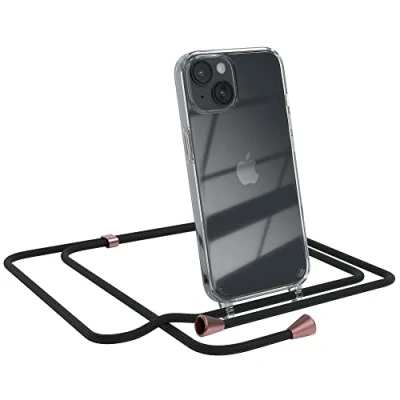 Abbildung von EAZY CASE Handykette kompatibel mit iPhone 14 Handyhülle Umhängeband, Handykordel Schutzhülle, Silikonhülle, Hülle Band, Stylische Kette für Smartphone, Schwarz Clips Rosé
