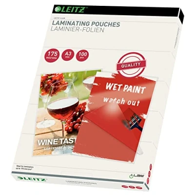 Abbildung von Leitz Heißlaminierfolien A3 175 mic, Hochwertige Laminierfolien im 100er Pack, mit abgerundeten Ecken, transparent, glänzend, ideal für Plakate und Zeichnungen, 16932