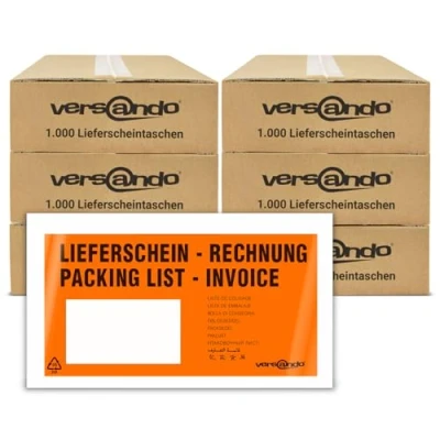 Abbildung von versando 6000 Lieferscheintaschen DIN lang selbstklebend Dokumententaschen Begleitpapiertaschen orange/schwarz bedruckt: &quot;Lieferschein/Rechnung&quot;