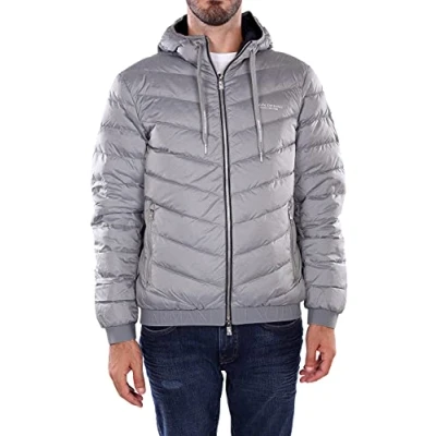 Abbildung von Armani Exchange Men&#039;s Hooded Quilted Down Milano/New York Logo Zip up Jacket, Melange Grey/Navy, X Large
