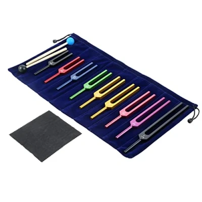 Abbildung von Dreld 9 Pcs Solfeggio Stimmgabel Set Chakra mit 2xSilikonhämmer Tasche Tuch für DNA Reparatur Klangtherapie (174, 285, 396, 417, 528, 639, 741, 852, 963 Hz) (bunt)
