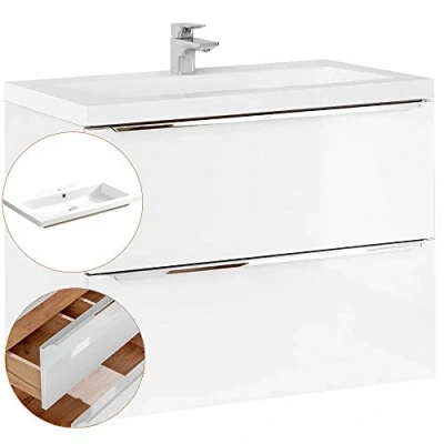 Abbildung von Lomadox Waschtisch Unterschrank Set, Hochglanz weiß, 81cm Keramik Waschbecken, 2 gedämpfte Softclose Schubkästen, B/H/T ca, 81/61/46 cm