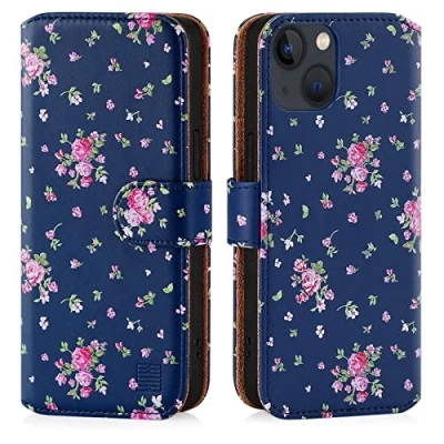 Abbildung von 32nd Blumen Series 2.0 PU Leder Mappen Hülle Case Cover für Apple iPhone 13 (6.1&quot;), Blumendesign hüllen Entwurf gemacht Mit Kartensteckplatz und Magnetverschluss Weinlese Rosen Indigo