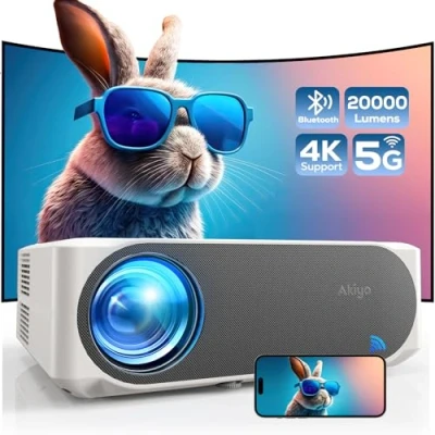 Abbildung von Beamer, Full HD 1080P 20000 Lumen Beamer 5G WiFi Bluetooth AKIYO 4K Unterstützung, Heimkino Video Maximal 300“ Display Projektor mit Staubnetz Kompatibel TV Stick/Smartphone/PC/PS5