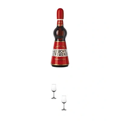 Abbildung von Leuchtfeuer Kräuterlikör aus Deutschland 0,5 Liter + Nosing Gläser Kelchglas Bugatti mit Eichstrich 2cl und 4cl 2 Stück