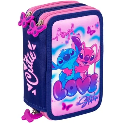 Abbildung von Clondo Mädchen Federmäppchen 3 Fach gefüllt, Für Stitch und Angel Fan, 45 TLG., Rosa, Radierbare Gelstifte, Filzstifte, Buntstifte, Schere, Kleber, Mit Reißverschlussfächern