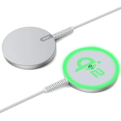 Abbildung von ESR Qi2 15W Magsafe Ladegerät, Wireless Charger für Apple, Kabelloses Ladepad Kompatibel mit iPhone 15/14/13/12 Serie, AirPods 4, Starkes Magnetisches A/C Kabel, 2 Stück, Silber