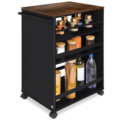 Abbildung von bomoe Nischenwagen Servierwagen auf Rollen mit 3 verstellbaren Ebenen &amp; FSC® Holz Küchenwagen Arbeitsplatte freistehender Universal Rollwagen Küche Bad Büro 50x38x79 cm Schwarz Braun Bengt