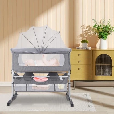 Abbildung von HUOLE Beistellbett,Stubenwagen Babybett,3 in 1 Babybett bis 25 kg, Höhenverstellbar Struktur aus Aluminiumlegierung Höhenverstellug und Einstellung der Neigung Matratze,grau
