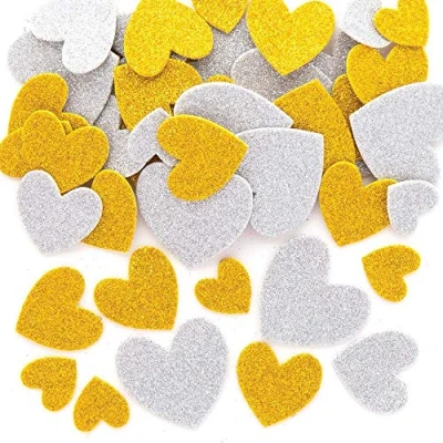 Abbildung von Baker Ross AX309 Glitzernde Herz Schaumstoffaufkleber in Gold und Silberfarben, 150 Stück, Kinder Aufkleber, ideal für Kinder, Kunst Bastelprojekte, Karten Scrapbooking