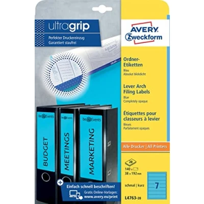 Abbildung von AVERY Zweckform L4763 20 Ordnerrücken Etiketten (140 Rückenschilder mit ultragrip, 38x192mm auf A4, schmal/kurz, selbstklebend, absolut blickdicht, bedruckbare Ordneretiketten) Blatt, blau
