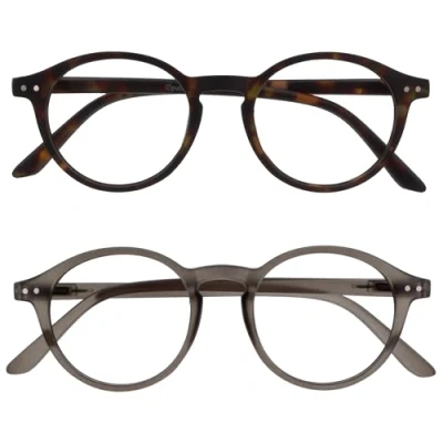 Abbildung von OPULIZE REY Lesebrille 2er Pack Runder Retro Rahmen Mattbraunes Schildpatt, Grau Herren Damen Federscharniere RR56 27 +2.00