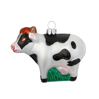 Abbildung von Christbaumschmuck Glas 9cm Kuh Figur zum Aufhängen handbemalt Weihnachtsbaum Anhänger für Weihnachten Christbaumanhänger &amp; Weihnachtsbaumschmuck Bauernhof Tiere Weiß Schwarz