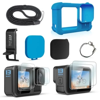 Abbildung von FitStill Schwarz Silikonhülle für Go Pro Hero13 Schwarz, Batterieseitige Abdeckung &amp; Objektivdeckel Displayschutzfolien Lanyard Hero 13 Zubehör Kit