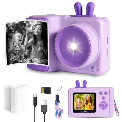 Abbildung von Kinderkamera Sofortbildkamera Kinder mit Druckpapier und SD Karte, 1080P Digitalkamera Videokamera, Geschenke für Mädchen Jungen 3 12 Jahre, Camera for Kids Weihnachten Spielzeug (Lila)