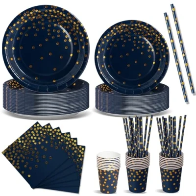 Abbildung von Nkaiso Partygeschirr 120 Stück Marineblaugold Kindergeburtstag Mädchen Party Deko Zubehör Set ​Papier Geschirrset einschließlich Pappteller Gabeln Servietten für Hochzeiten Jubiläums 24 Gäste