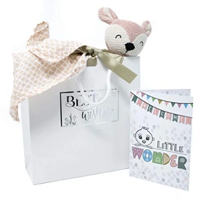 Abbildung von Geschenkset Baby zur Geburt Set Karte Tasche Schmusetuch Kuscheltier Reh Spucktuch 100% Baumwolle Hochwertige Jollein Produkte enthalten Glückwunschkarte &amp; Geschenktasche (Rosa Schnuffeltuch)