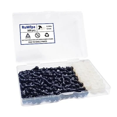 Abbildung von RuWfpz Sicherheitsaugen für Häkeltiere Amigurumi 6mm 100 Stück Puppenaugen Häkel Augen Kuscheltiere, Schwarz Kunststoff Teddyaugen Knopfaugen zum annähen