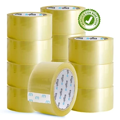 Abbildung von m office transparentes Klebeband, selbstklebendes Verpackungsband für Kartons, Versand, Umzüge und Handwerk, sicheres robustes Papier (48 mm x 66 m, x12)