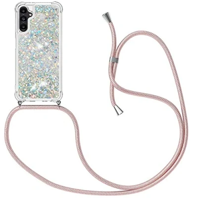 Abbildung von MXKOCO Handykette kompatibel mit Samsung Galaxy A14 5G Glitzer Flüssig Bewegende Treibsand Hülle Band Umhängetaschen+Hüllen Umhängeband Handykordel Schutzhülle Stylische Kette