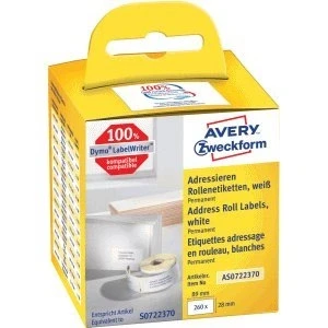 Abbildung von AVERY Zweckform AS0722370 Dymo Labelwriter Adressetiketten kompatibel zu S0722370 (28x89mm, 2 Rollen260 Adressaufkleber, selbstklebend, für LW Etikettendrucker/Beschriftungsgerät/Etikettenband)