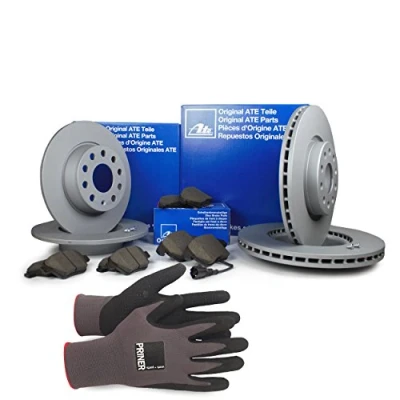 Abbildung von Inspektionspaket ATE Bremsen Set inkl. Bremsscheiben und Bremsbeläge für vorne hinten enthalten, 100% passend Ihr Fahrzeug, Priner Montagehandschuhe, AN111