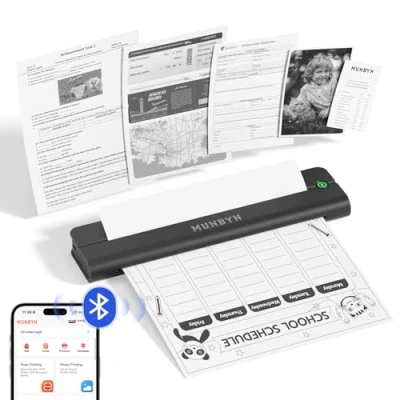 Abbildung von MUNBYN Mobiler Drucker Bluetooth Thermodrucker A4 203DPI Inkless Printer Kompatibel mit Android &amp; iOS für Handy Laptop, Unterstützt 210x297mm Thermopapier, ITP02 Schwarz